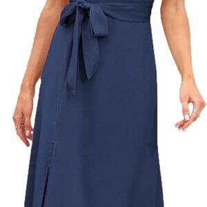 Womens Midi Dress Ruffle Split Formal Wedding Guest Bridesmaid Navy
